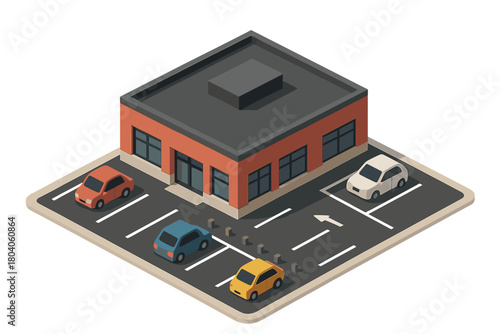 Isometric commercial structure with small parking area and automobiles