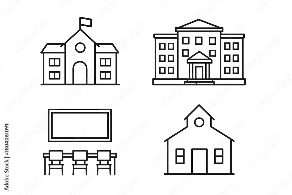 Fototapeta premium Set of simple outline icons for school buildings and classroom elements