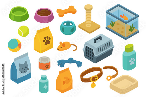 Isometric icons depicting various essential pet supplies and accessories