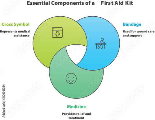 Essential Components of a First Aid Kit: A conceptual diagram showcasing the fundamental elements required to equip a first aid kit for injury. 