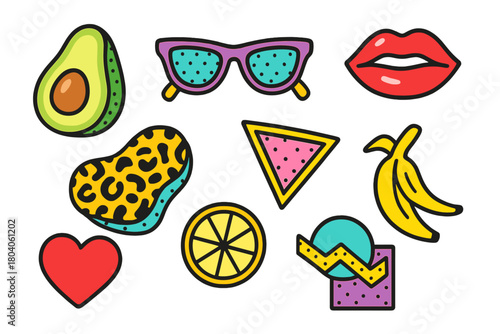 Collection of vibrant 80s style pop art patches and stickers