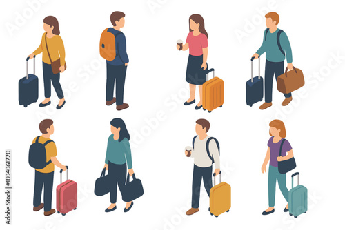 Isometric diverse travelers with luggage and coffee cups collection