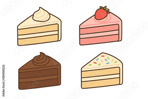 Set of four assorted cake slices with different frostings and toppings