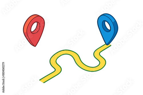 Isometric map route path connecting red and blue location pins