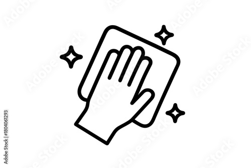 Hand wiping surface with cloth and sparkle effect outline icon