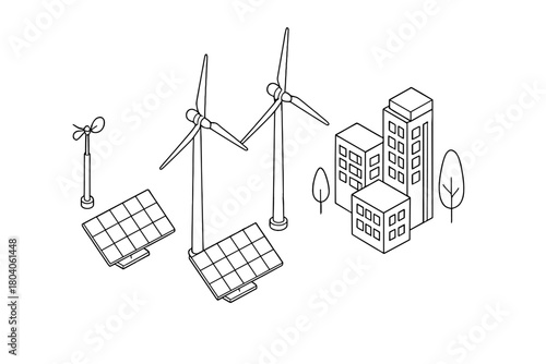 Isometric line art of renewable energy sources powering modern city buildings