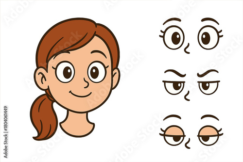 Young female character head with customizable eye expressions set