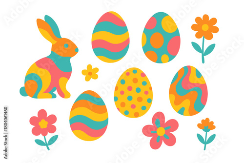 Vibrant Easter bunny and decorated eggs with spring flowers arrangement