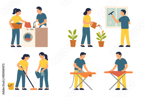 Man and woman sharing household chores and domestic tasks in modern home