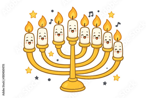 Smiling Hanukkah menorah with nine lit candles and festive decorations