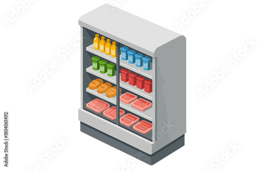 Isometric refrigerated display case stocked with packaged groceries and beverages