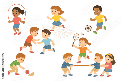 Wallpaper Mural Happy diverse group of children playing various outdoor games and sports activities Torontodigital.ca