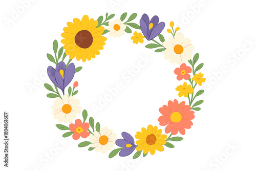 Vibrant spring flower wreath frame with assorted blossoms and foliage