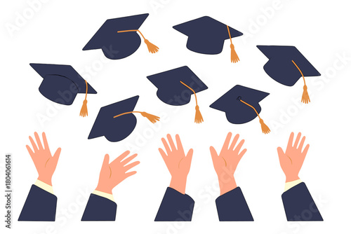 Graduation caps tossed in air with raised hands celebrating achievement