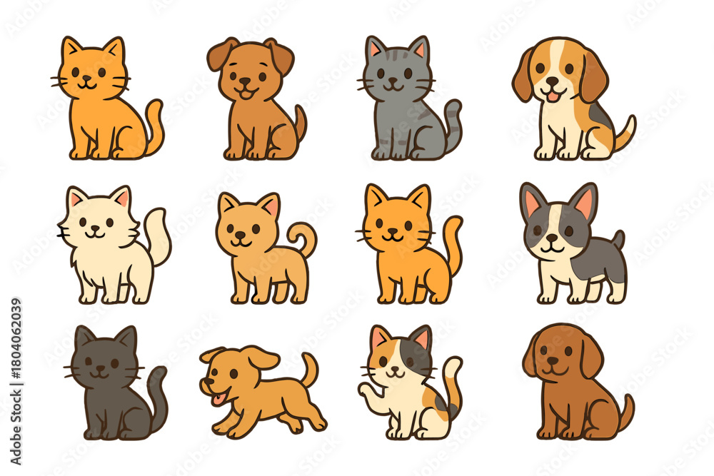 Fototapeta premium Various cute cartoon kittens and puppies in different colors and poses