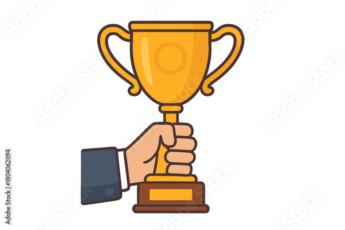 Hand firmly grasping shiny golden achievement trophy cup with handles