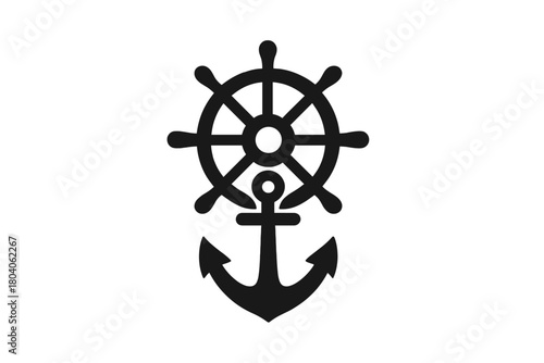 Ship steering wheel and anchor nautical emblem design concept