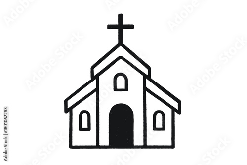 Minimalist outline icon of a Christian church building with a cross