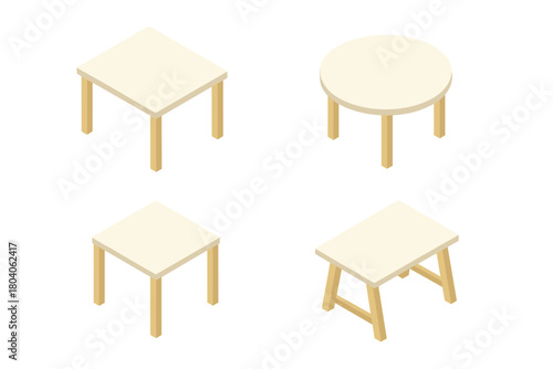 Four isometric wooden tables with light surfaces in perspective view