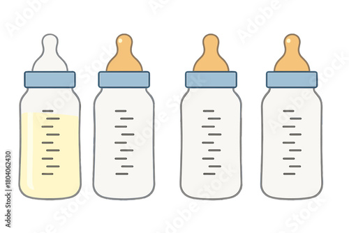 Set of four baby feeding bottles with measurement markings and different liquid levels