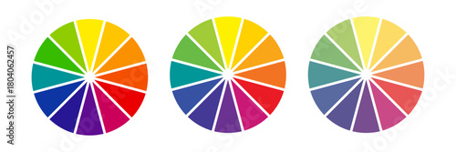 Color wheel chart circles. Bright rainbow spectrum divided into 12 equal segments on white background. Circular palette for color theory, design, or visual harmony. Vector illustrations set.