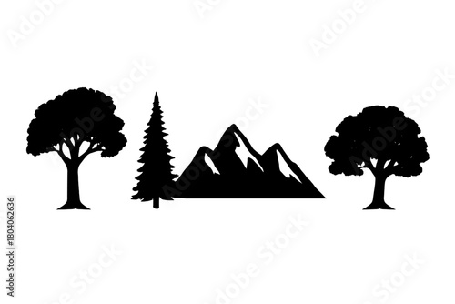 Black silhouette of mountain range with deciduous and coniferous trees