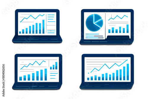 Four laptops showing diverse business data charts and analytical graphs