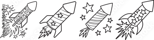Set of Patriotic Firework Rocket with Stars Line Art, Coloring Book Page Line Art Drawing, Vector and Illustration