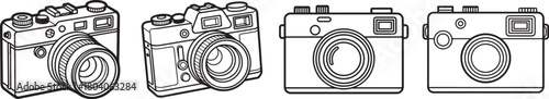 Set of Retro Camera Line Art, Coloring Book Page Line Art Drawing, Vector and Illustration