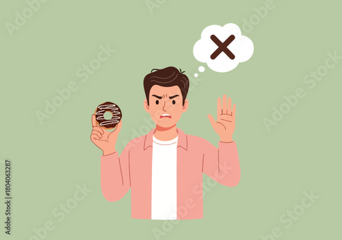Illustration of a man holding a donut with a frustrated expression and a thought bubble with a cross, symbolizing diet or unhealthy eating