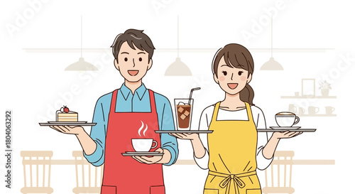 Illustration of a smiling man and woman wearing aprons, holding trays with coffee, cake, and iced drinks, ready to serve customers in a cafe
