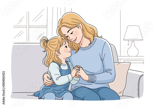 Illustration of a loving mother and her daughter share a tender moment, holding hands and looking into each others eyes with affection