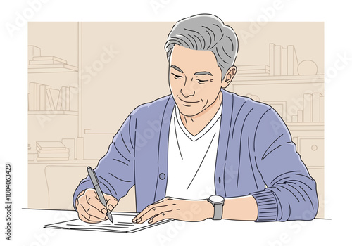 Illustration of an elderly man with gray hair wearing a blue cardigan and a white tshirt, sitting at a desk and writing on a piece of paper with a pen, wearing a watch on his left wrist
