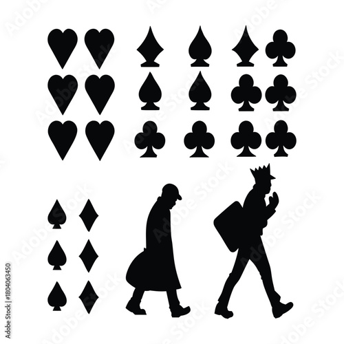 Black silhouettes of playing card suits and mysterious walking figures against a white background