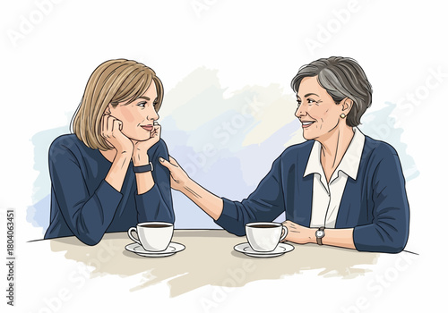 Illustration of two women of different generations sharing a conversation over coffee, one woman is older and the other is younger