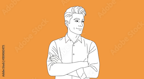 Illustration of a stylishly drawn man with his arms crossed, looking confidently to the side against a vibrant orange background
