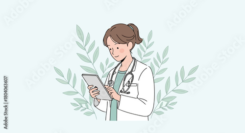 Illustration of a female doctor in a white coat wearing a stethoscope, looking at a tablet device with a gentle expression, surrounded by soft green leaves