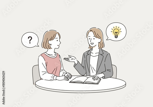 Illustration of two women sitting at a table, one asking a question and the other explaining with an idea lightbulb above her head