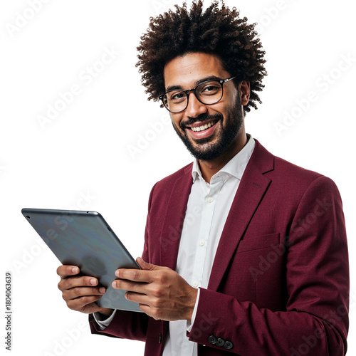 Smiling man in maroon blazer holding a tablet computer indoors professional business setting isolated on transparent background