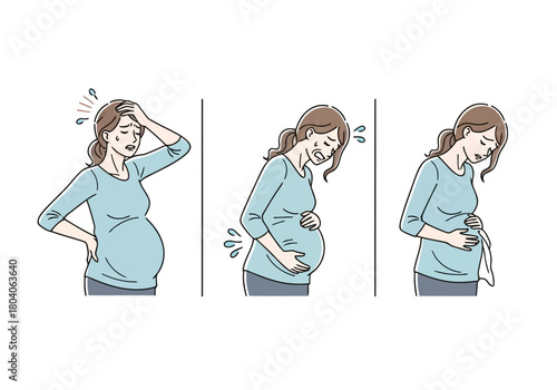 Illustration of pregnant woman experiencing discomfort and pain, showing different stages of discomfort and distress