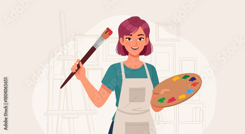 Illustration of young female artist with short purple hair, wearing an apron, holding a paintbrush and a colorful palette, ready to paint