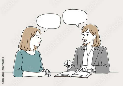 Illustration of two women sitting at a table, engaged in conversation with speech bubbles above their heads, discussing a book