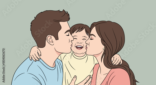 Illustration of a happy family with parents kissing their child on the cheeks, illustrating love and togetherness
