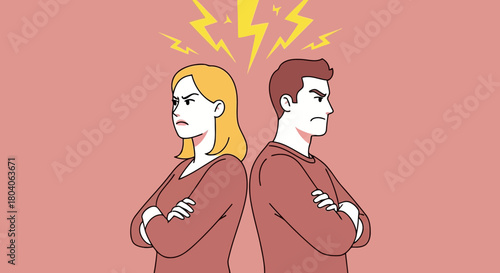 Illustration of couple arguing with lightning bolts above their heads, symbolizing conflict and disagreement in a relationship