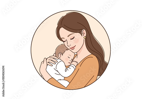 Illustration of a loving mother gently cradles her sleeping baby in her arms, capturing a tender moment of maternal care and affection