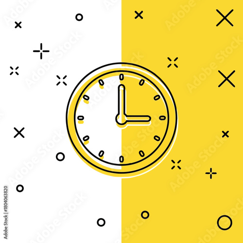 Illustration of a simple line art clock face with hour and minute hands, set against a split white and yellow background with abstract shapes