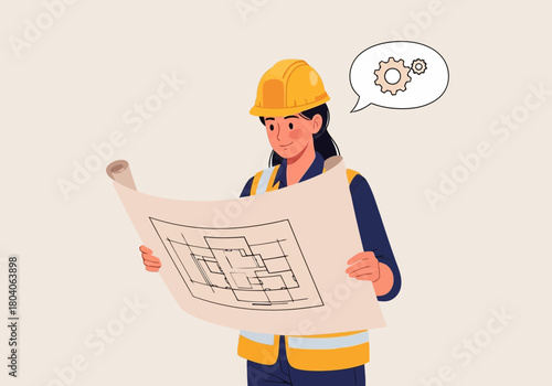 Illustration of a female architect or engineer wearing a hard hat and safety vest examines blueprints, with gears symbolizing thought and planning