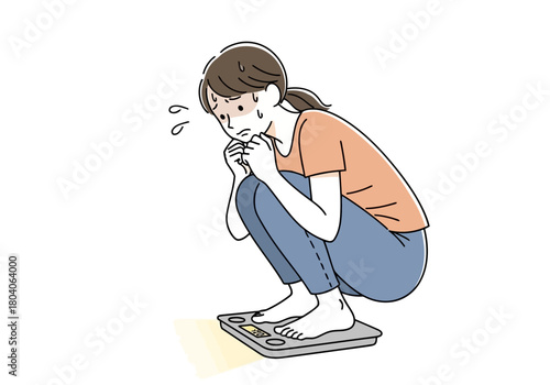 Illustration of a woman is crouching on a scale, looking worried about her weight