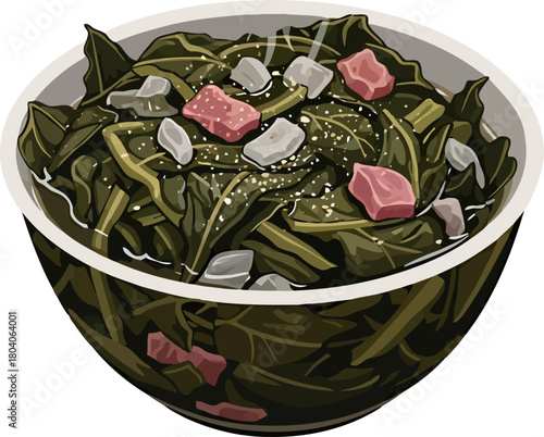Isolated Vector Bowl of Southern Collard Greens and Ham