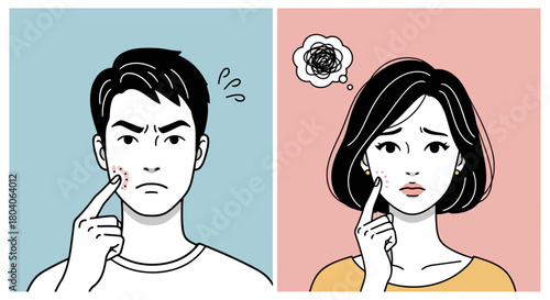 Illustration of man and woman pointing at their pimples, showing concern about acne and skin problems, illustration